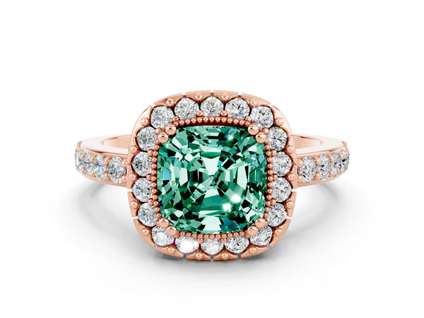 Rose gold Cushion Cut Green Sapphire Halo Ring with Pavé Band and Prong Setting