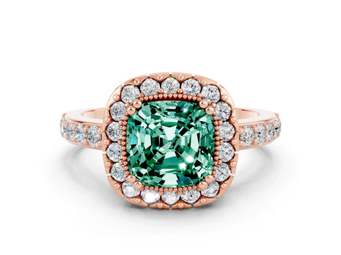 Rose gold Cushion Cut Diamond Halo Ring with Pavé Band and Prong Setting