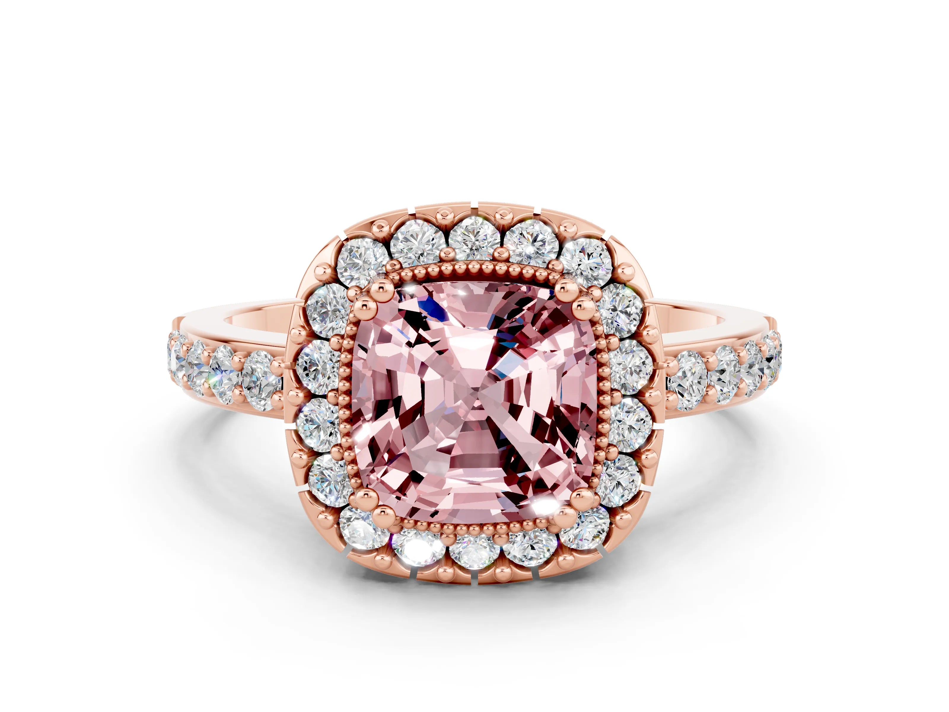 Rose gold Cushion Cut Diamond Halo Ring with Pavé Band and Prong Setting