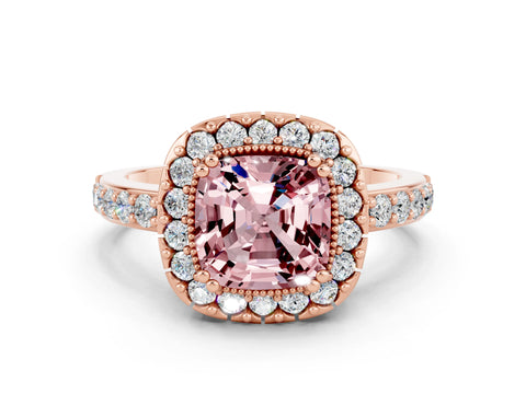 Rose gold Cushion Cut Diamond Halo Ring with Pavé Band and Prong Setting