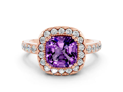 Rose gold Cushion Cut Diamond Halo Ring with Pavé Band and Prong Setting