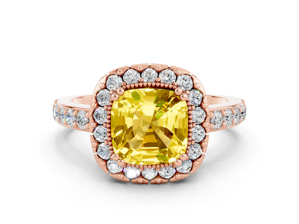 Rose gold Cushion Cut Yellow Sapphire Halo Ring with Pavé Band and Prong Setting