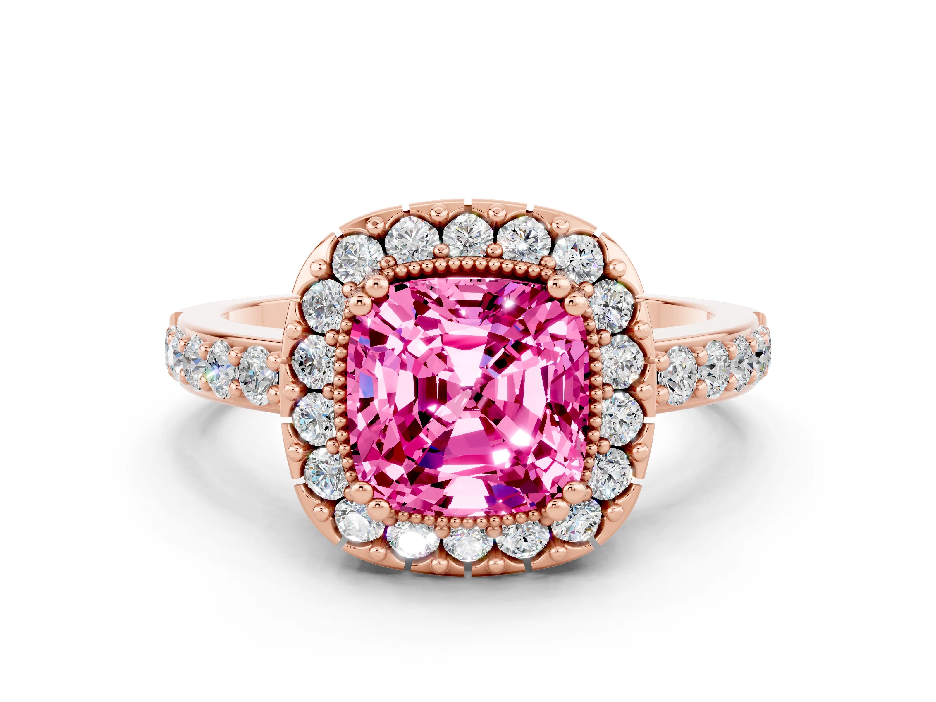 Rose gold Cushion Cut Diamond Halo Ring with Pavé Band and Prong Setting
