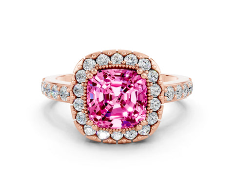 Rose gold Cushion Cut Diamond Halo Ring with Pavé Band and Prong Setting