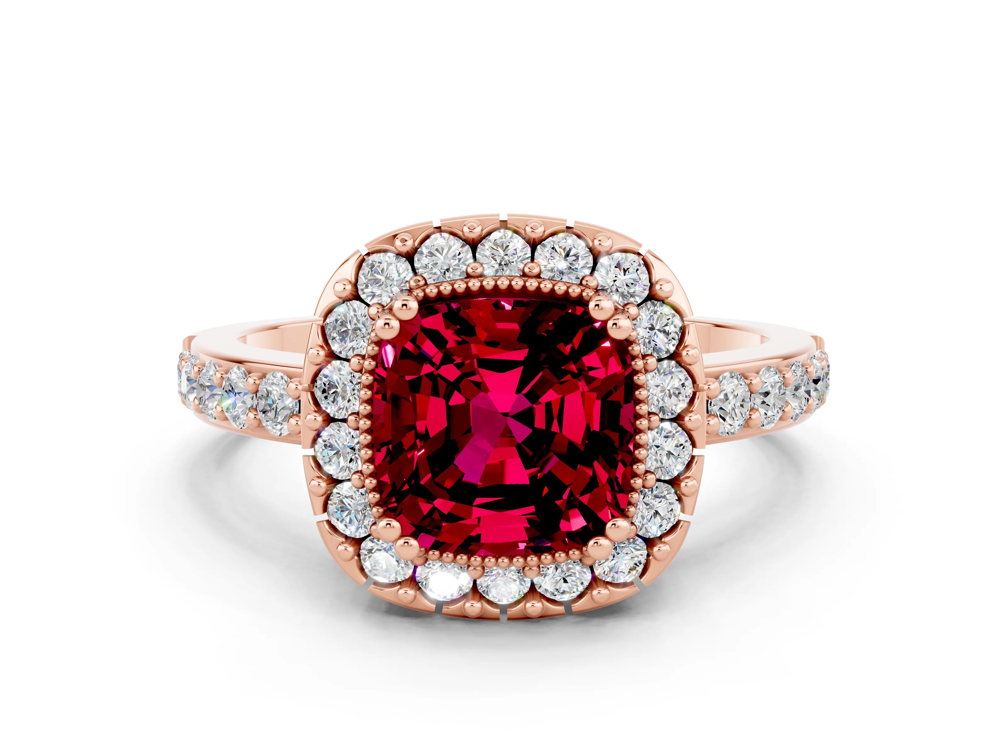 Rose gold Cushion Cut Diamond Halo Ring with Pavé Band and Prong Setting