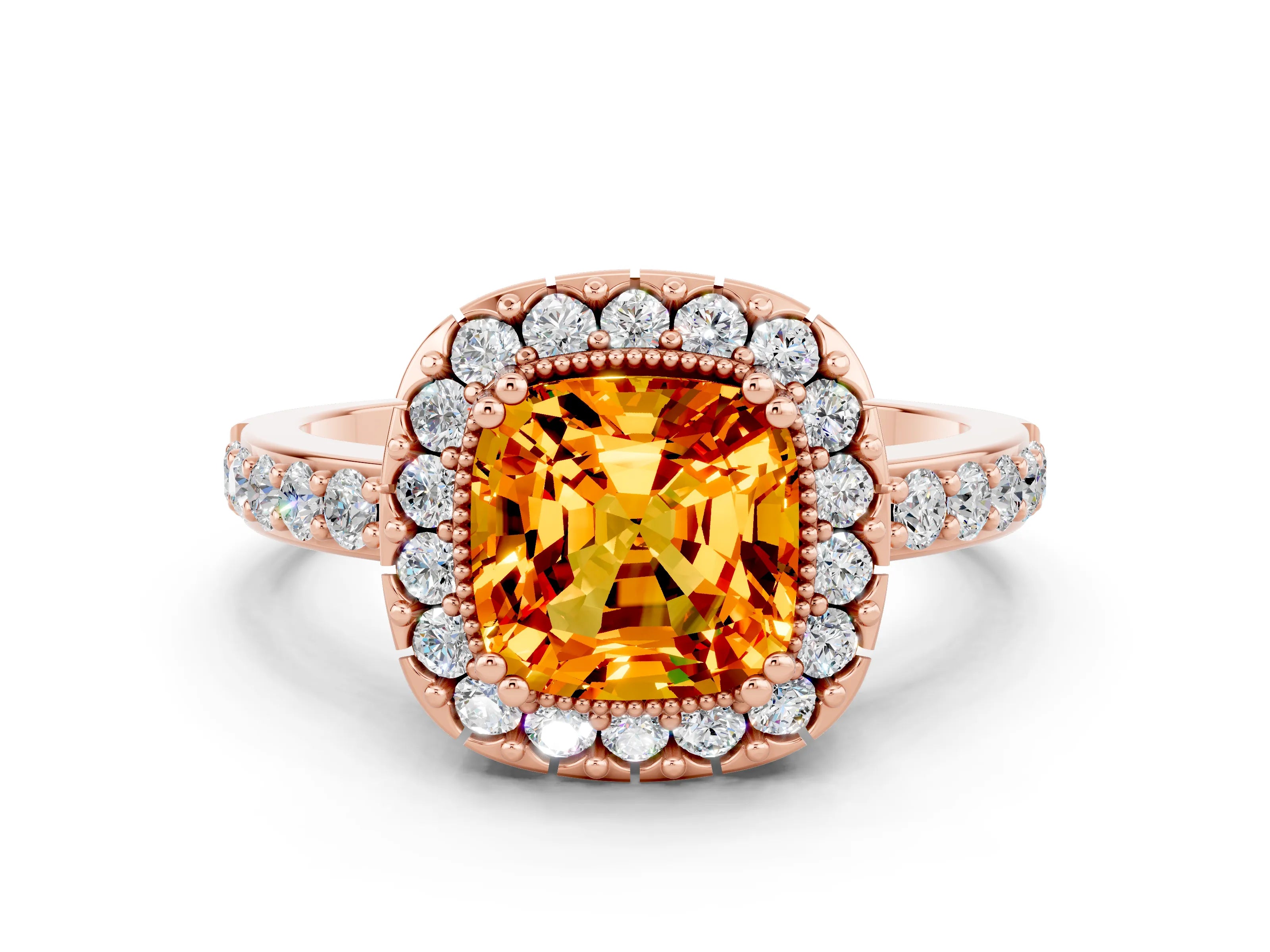 Rose gold Cushion Cut Diamond Halo Ring with Pavé Band and Prong Setting