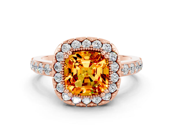 Rose gold Cushion Cut Citrine Halo Ring with Pavé Band and Prong Setting