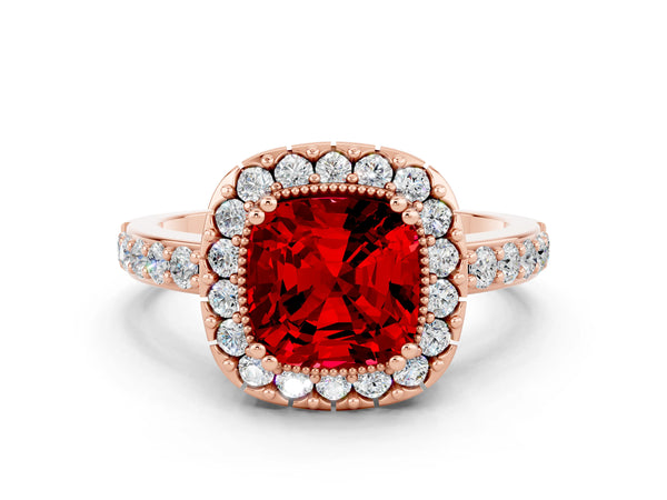 Rose gold Cushion Cut Ruby Halo Ring with Pavé Band and Prong Setting