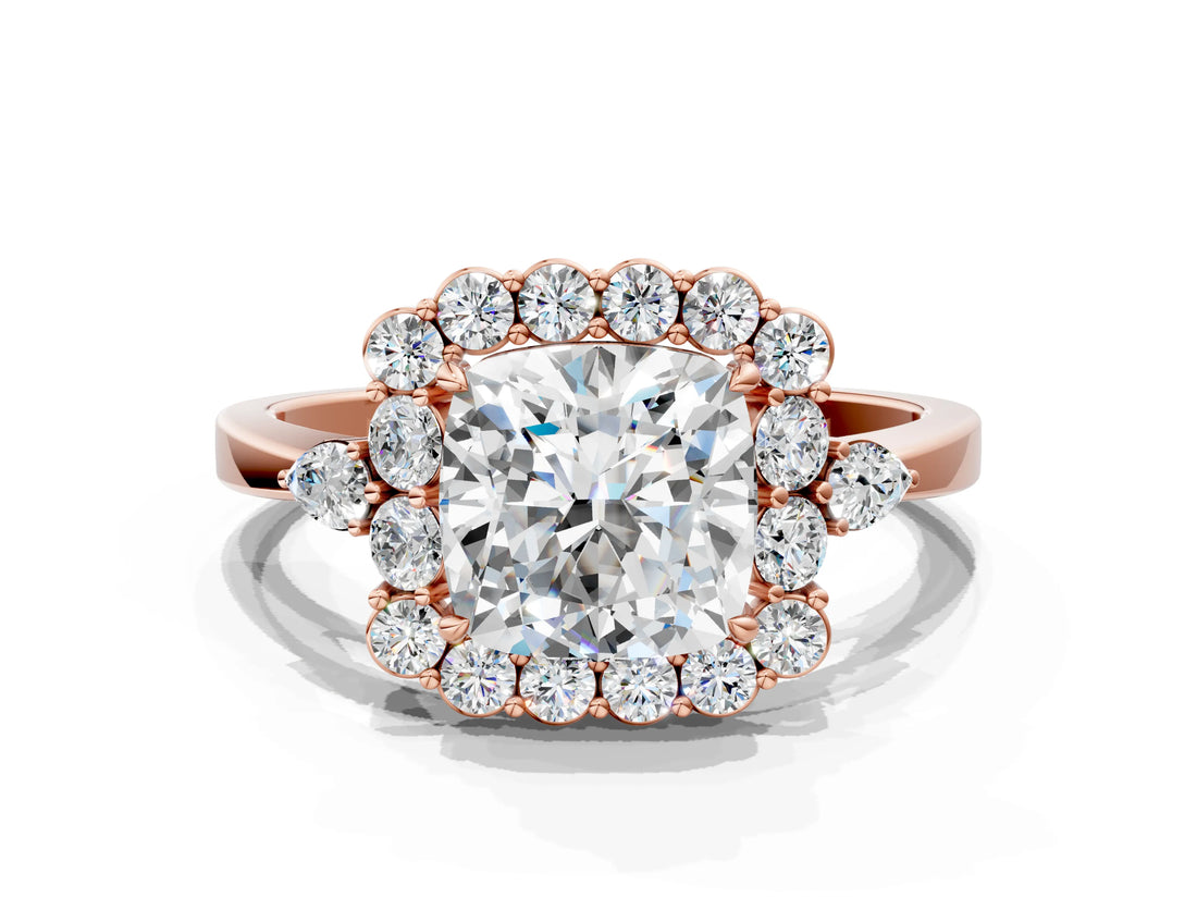 Rose gold Cushion Cut Diamond Halo Ring with Pear Side Stones and Prong Setting_57