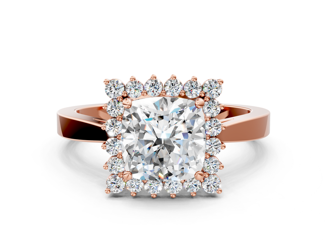 Rose gold Cushion Cut Diamond Halo Ring with Round Brilliant Halo and Solitaire Band_104