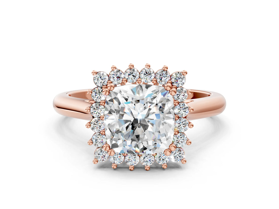 Rose gold Cushion Cut Diamond Halo Ring with Solitaire Band and Prong Setting_79