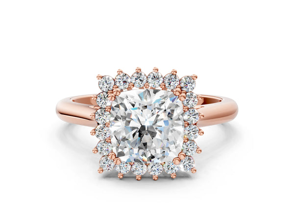 Rose gold Cushion Cut Diamond Halo Ring with Solitaire Band and Prong Setting