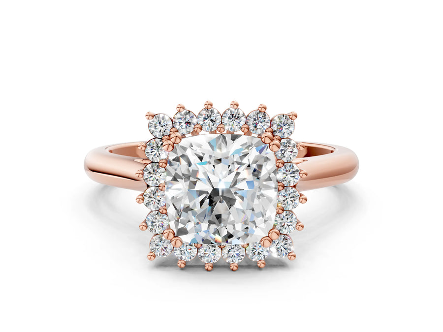 Rose gold Cushion Cut Diamond Halo Ring with Solitaire Band and Prong Setting