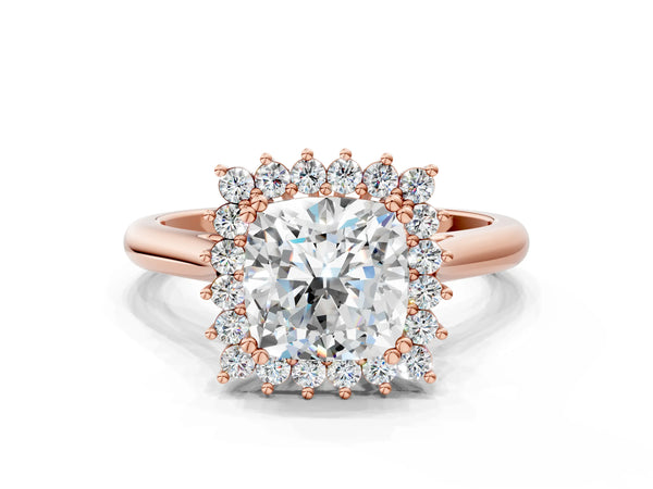 Rose gold Cushion Cut Diamond Halo Ring with Solitaire Band and Prong Setting