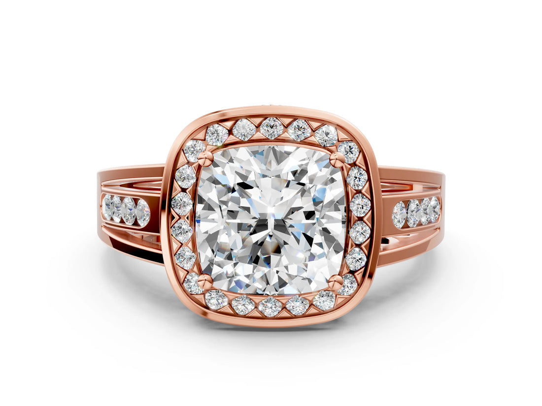 Rose gold Cushion Cut Diamond Halo Ring with Split Shank and Bezel Accents and Prong Setting_14