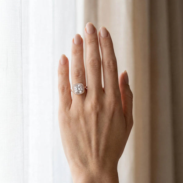 Rose gold Cushion Cut Diamond Halo Ring with Split Shank and Four-Prong Setting