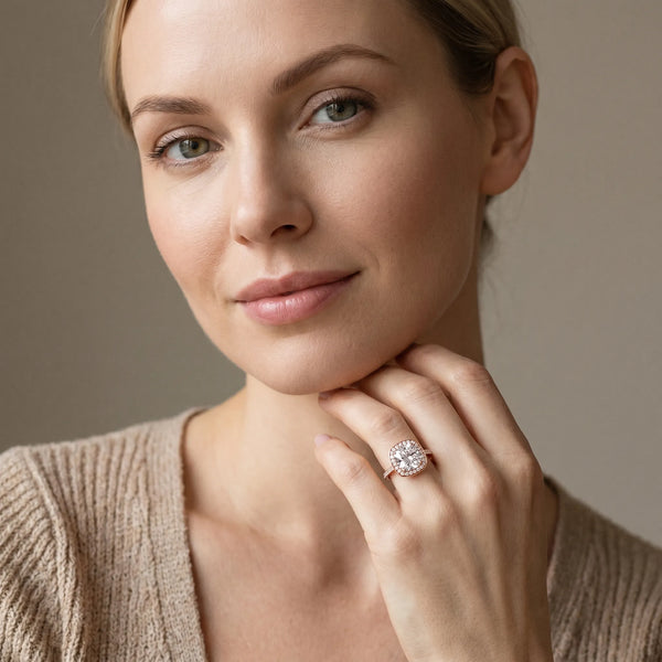 Rose gold Cushion Cut Diamond Halo Ring with Split Shank and Four-Prong Setting
