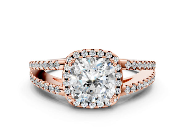 Rose gold Cushion Cut Diamond Halo Split Shank Engagement Ring