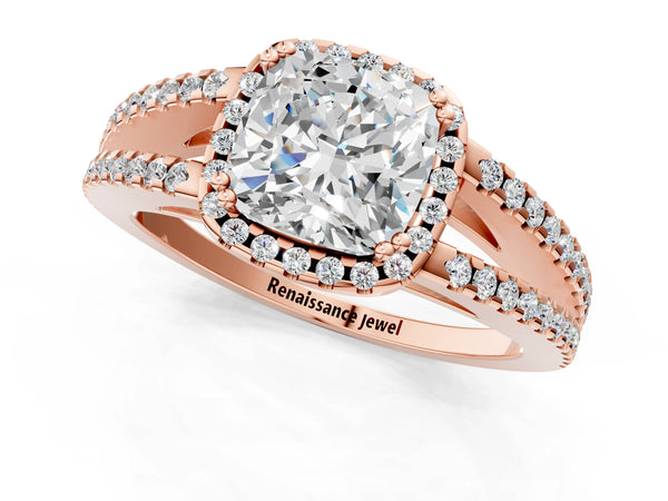 Rose gold Cushion Cut Diamond Halo Split Shank Engagement Ring