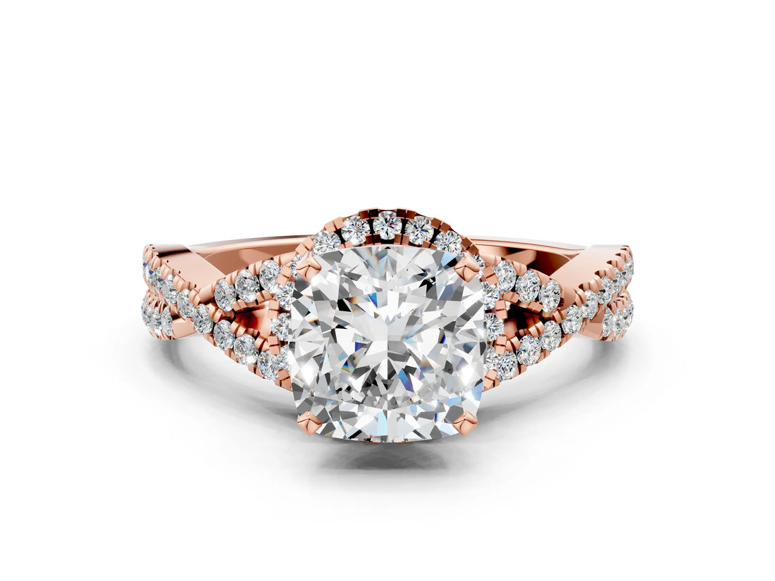 Rose gold Cushion Cut Diamond  Halo Twist Band Solitaire Prong Setting Ring_109