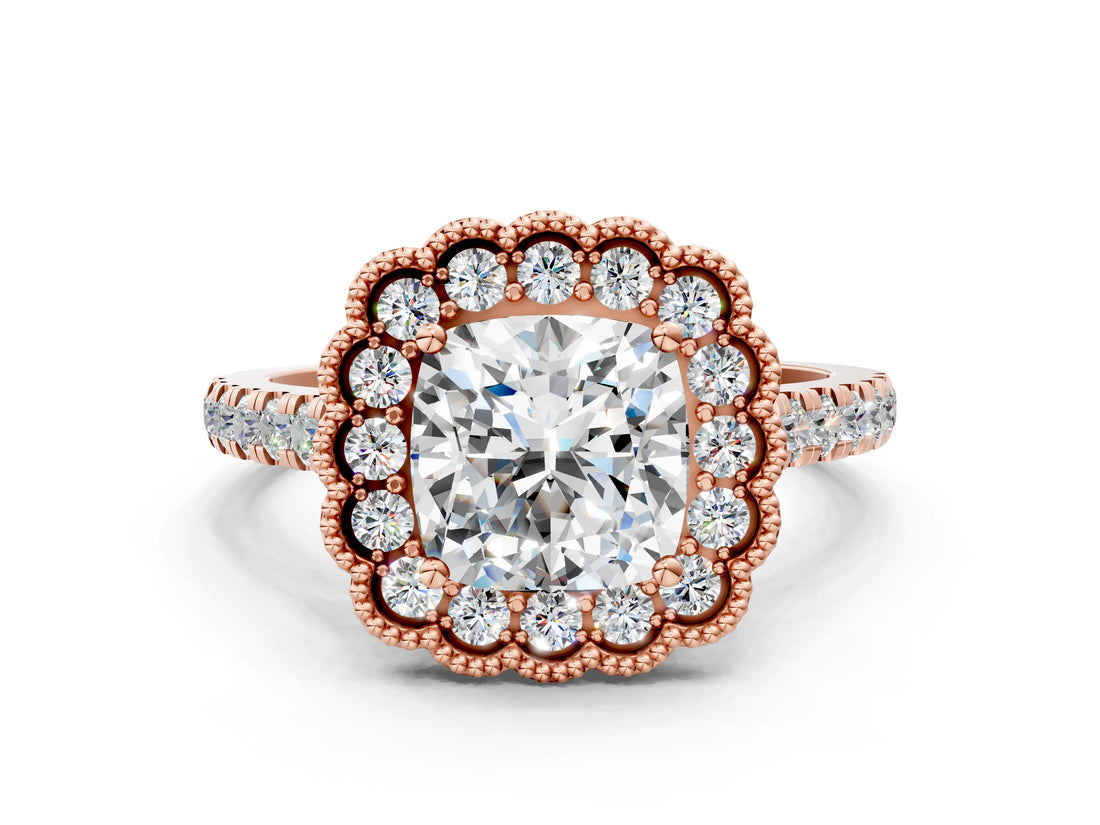 Rose gold Cushion Cut Diamond Milgrain Floral Halo Engagement Ring with Pavé Band_21