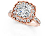 Rose gold Cushion Cut Diamond Milgrain Floral Halo Engagement Ring with Pavé Band_22