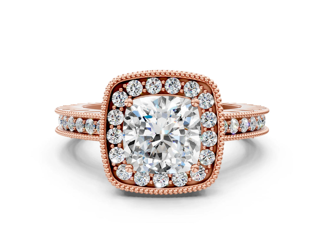 Rose gold Cushion Cut Diamond Milgrain Halo Engagement Ring with Round Pavé Band and Prong Setting_12