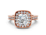 Rose gold Cushion Cut Diamond Milgrain Halo Engagement Ring with Round Pavé Band and Prong Setting_12