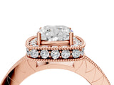 Rose gold Cushion Cut Diamond Milgrain Halo Engagement Ring with Round Pavé Band and Prong Setting_16