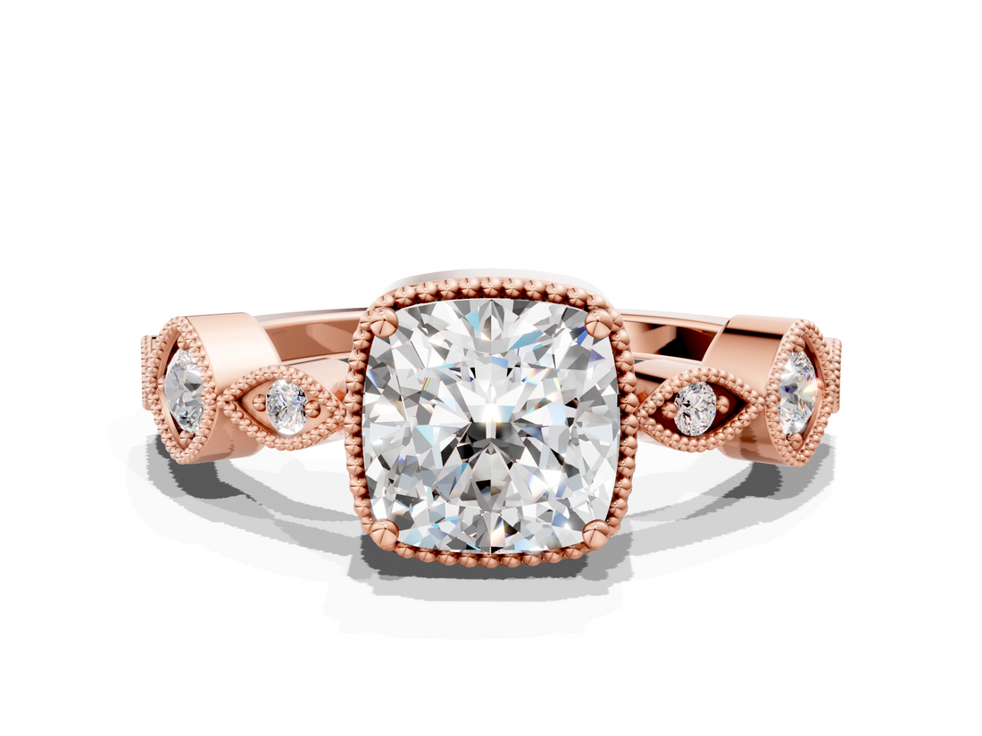 Rose gold Cushion Cut Diamond Milgrain Marquise Band with Prong Setting_3
