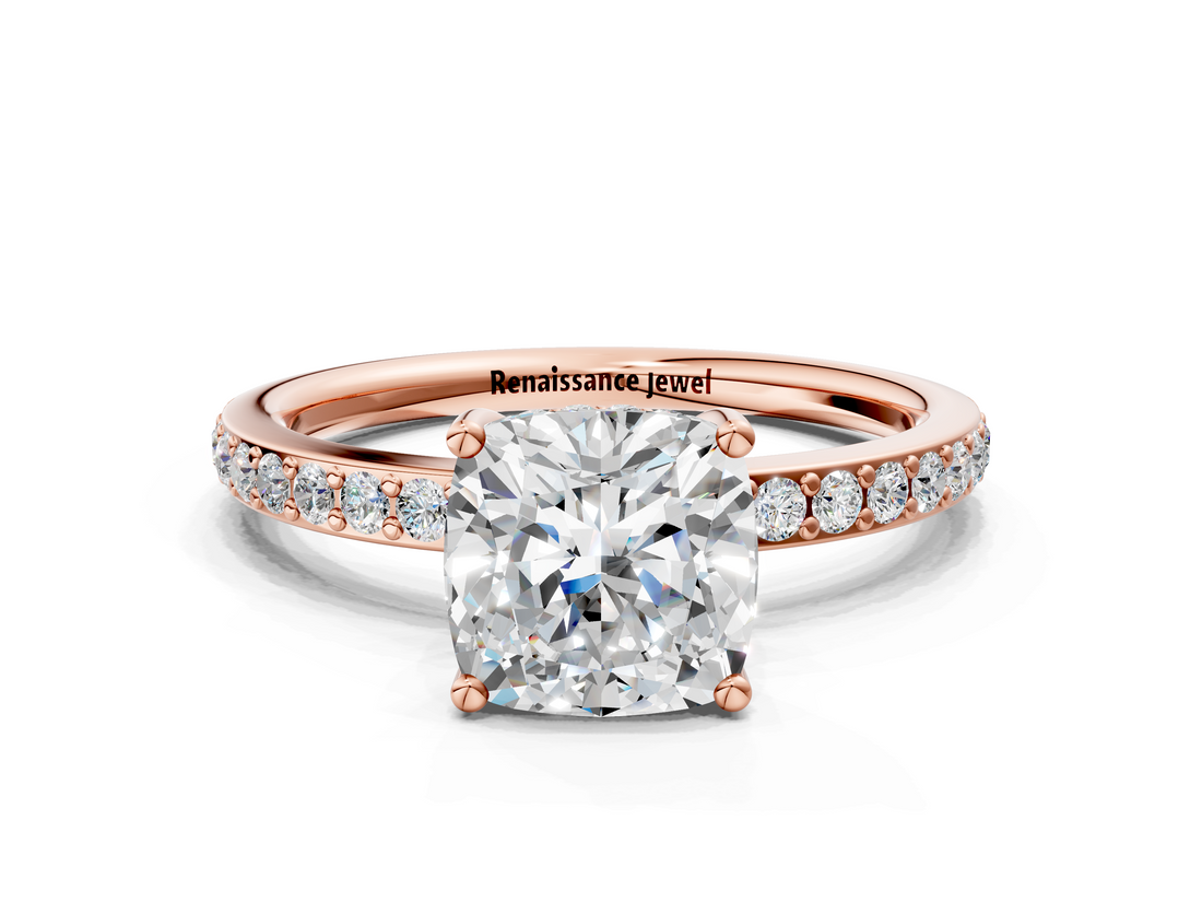 Rose gold Cushion Cut Diamond Pavé Band Ring with Four-Prong Setting_57