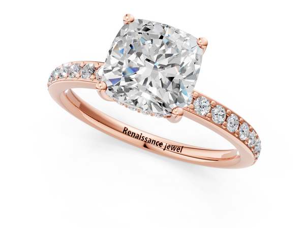 Rose gold Cushion Cut Diamond Pavé Band Ring with Four-Prong Setting