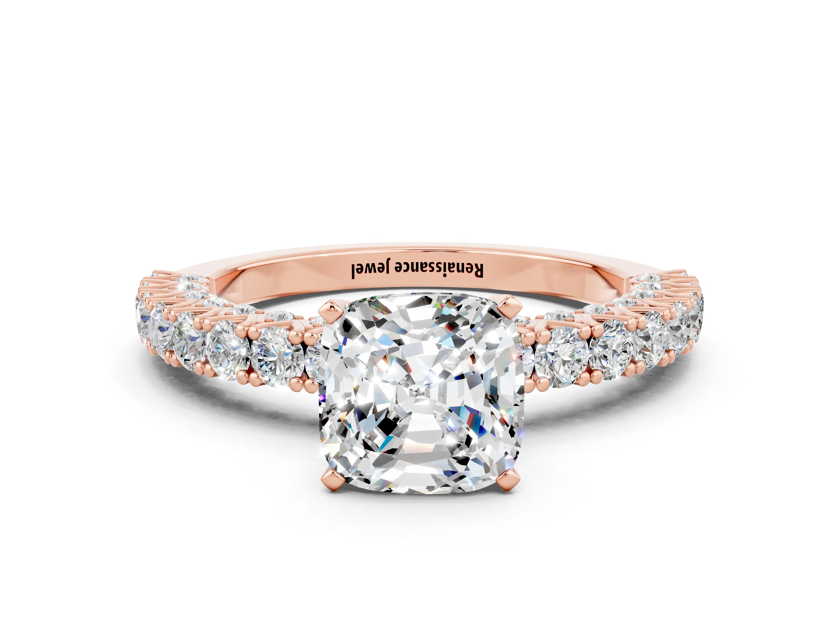 Rose gold Cushion Cut Diamond Pavé Band Solitaire Ring with Prong Setting