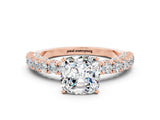 Rose gold Cushion Cut Diamond Pavé Band Solitaire Ring with Prong Setting