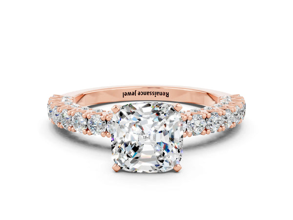 Rose gold Cushion Cut Diamond Pavé Band Solitaire Ring with Prong Setting