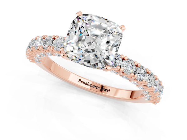 Rose gold Cushion Cut Diamond Pavé Band Solitaire Ring with Prong Setting