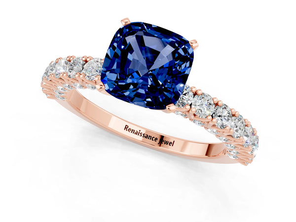 Rose gold Cushion Cut Diamond Pavé Band Solitaire Ring with Prong Setting