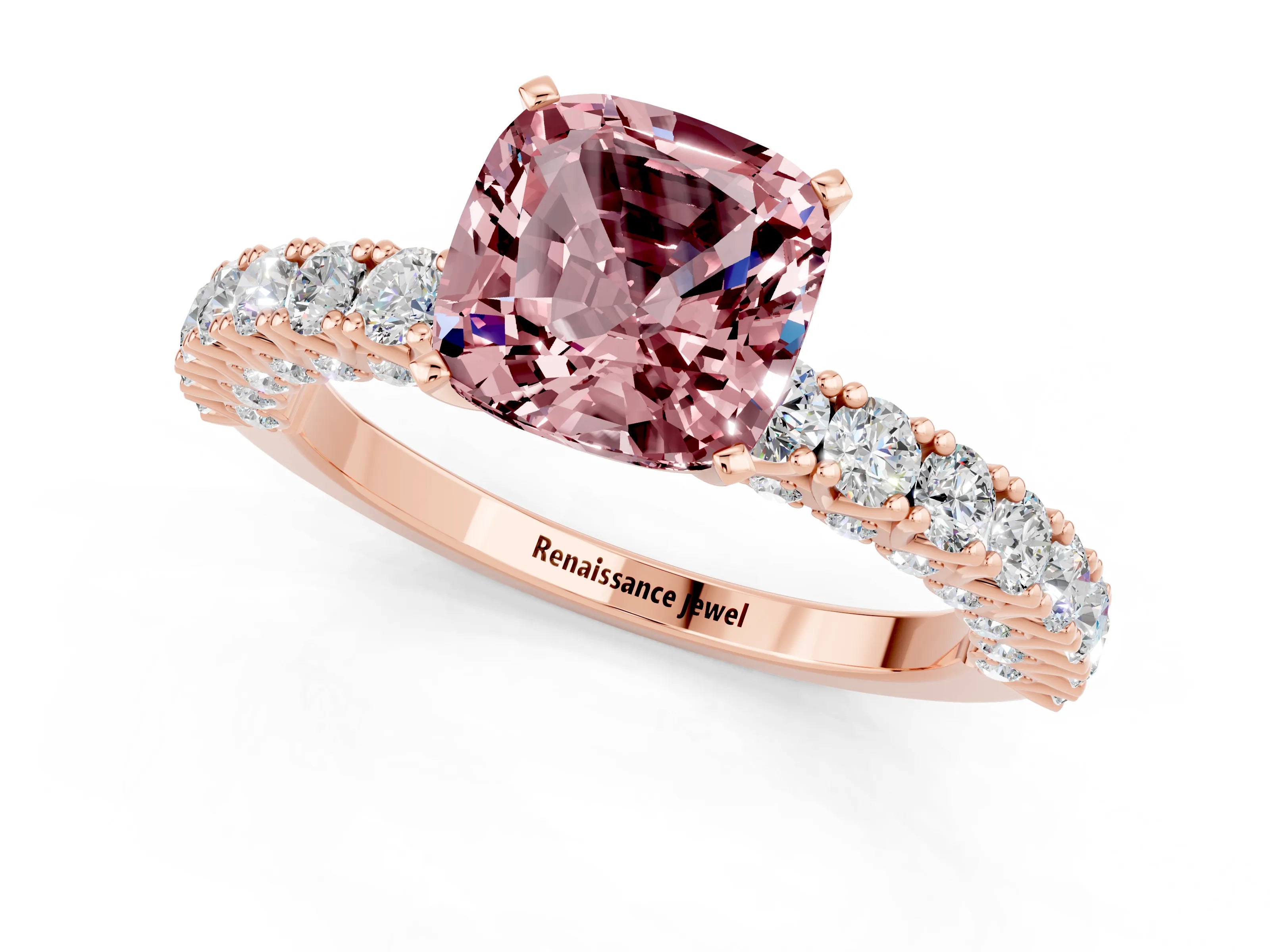 Rose gold Cushion Cut Diamond Pavé Band Solitaire Ring with Prong Setting_1