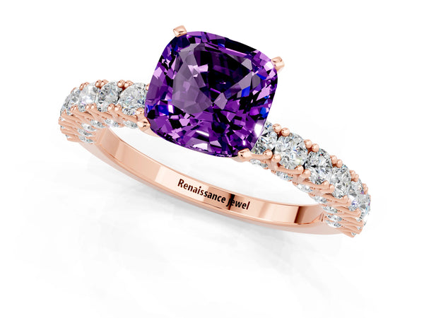 Rose gold Cushion Cut Amethyst Solitaire Ring with Round Accent Pavé Band and Prong Setting