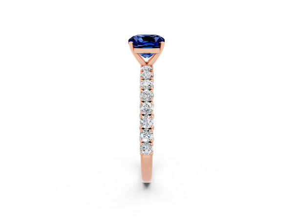 Rose gold Cushion Cut Diamond Pavé Band Solitaire Ring with Prong Setting