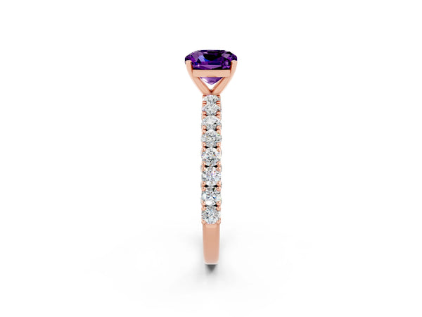 Rose gold Cushion Cut Amethyst Solitaire Ring with Round Accent Pavé Band and Prong Setting