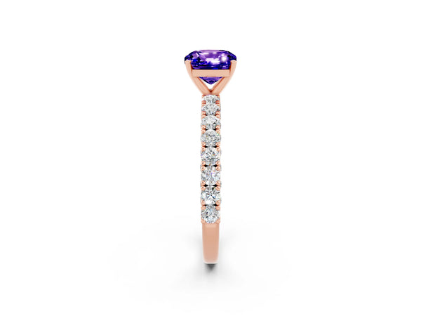 Rose gold Cushion Cut Diamond Pavé Band Solitaire Ring with Prong Setting