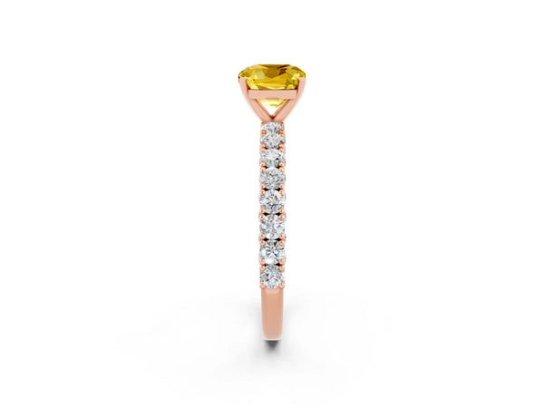 Rose gold Cushion Cut Diamond Pavé Band Solitaire Ring with Prong Setting