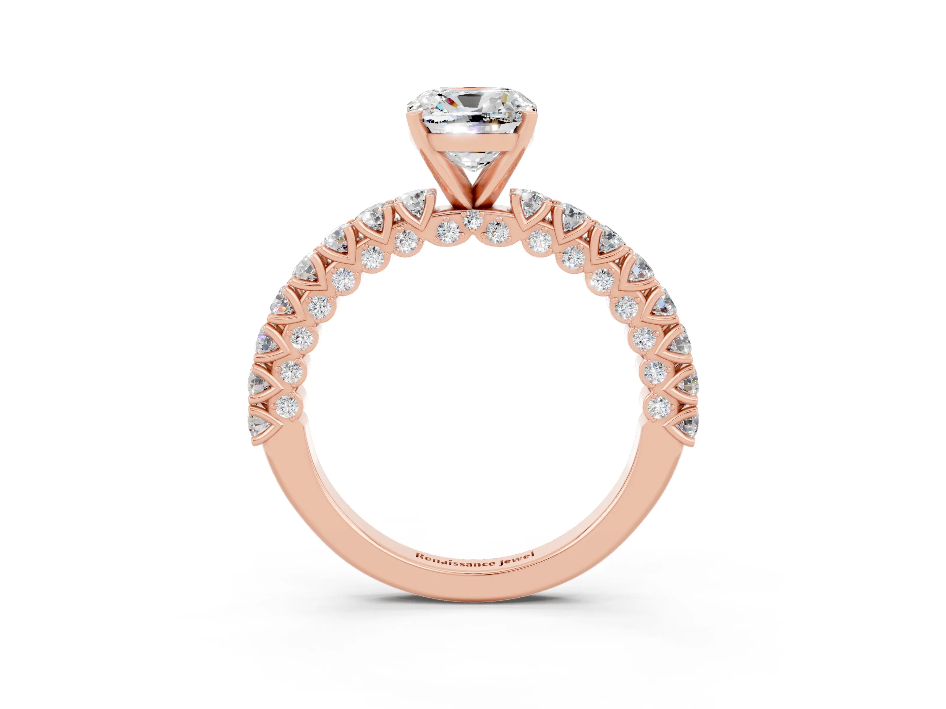 Rose gold Cushion Cut Diamond Pavé Band Solitaire Ring with Prong Setting_3