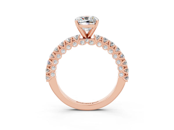 Rose gold Cushion Cut Diamond Pavé Band Solitaire Ring with Prong Setting
