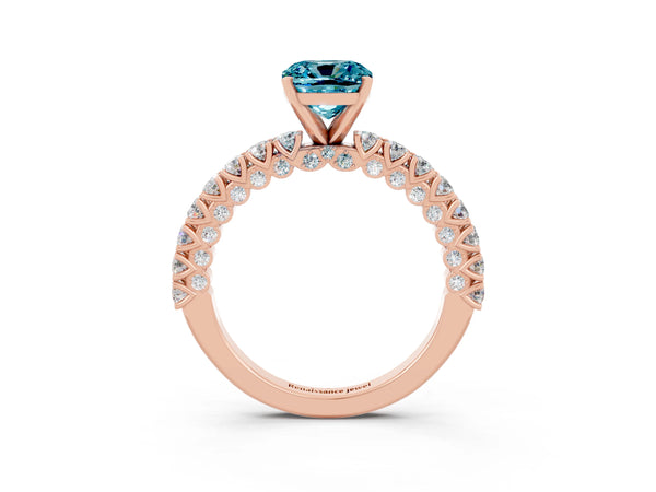 Rose gold Cushion Cut Diamond Pavé Band Solitaire Ring with Prong Setting