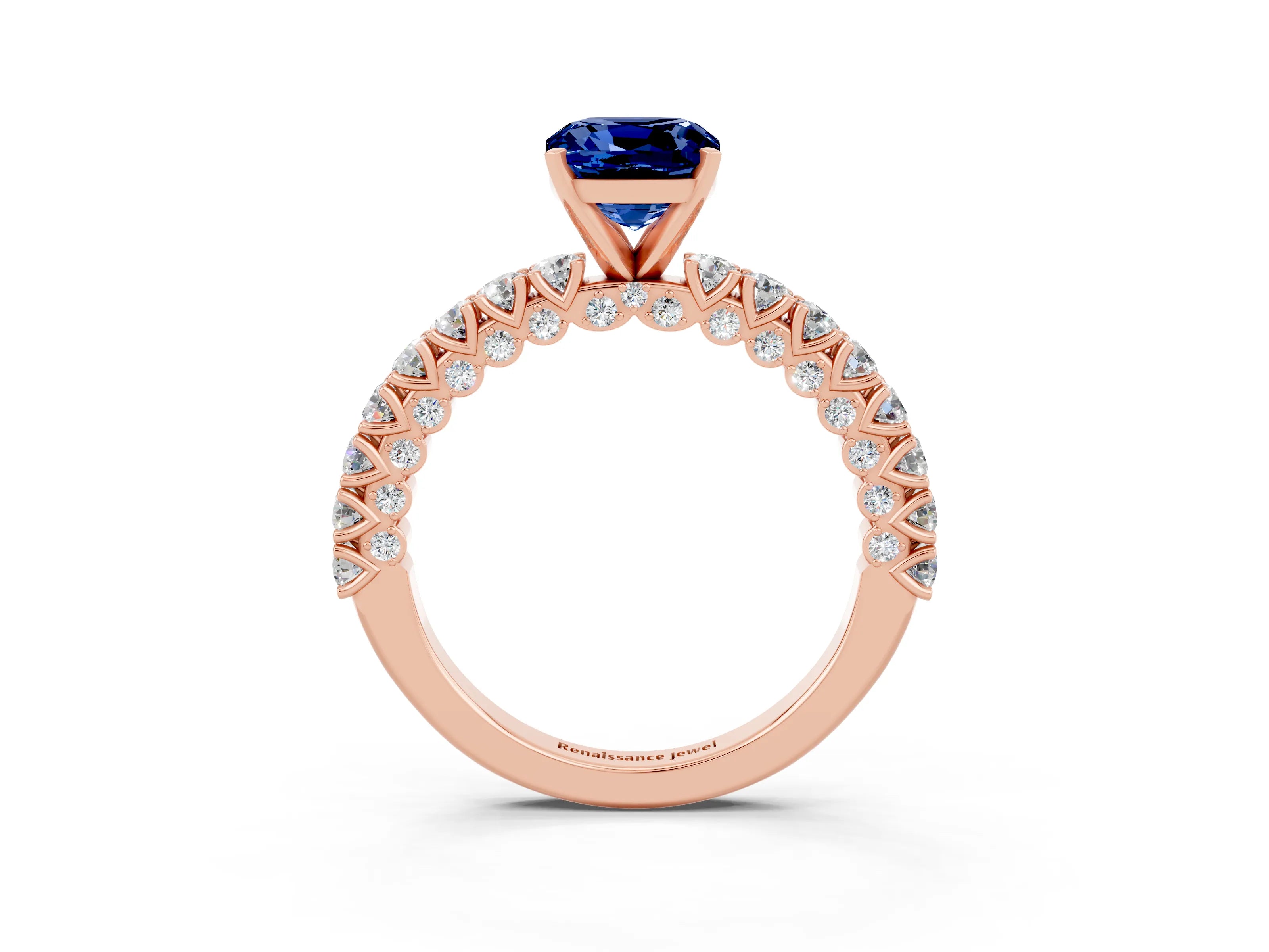 Rose gold Cushion Cut Diamond Pavé Band Solitaire Ring with Prong Setting_3