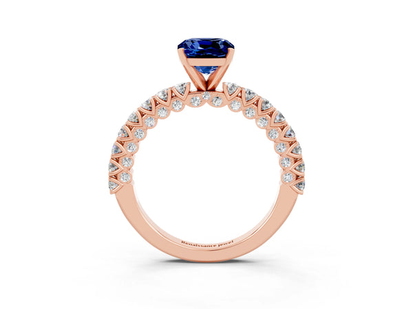 Rose gold Cushion Cut Diamond Pavé Band Solitaire Ring with Prong Setting