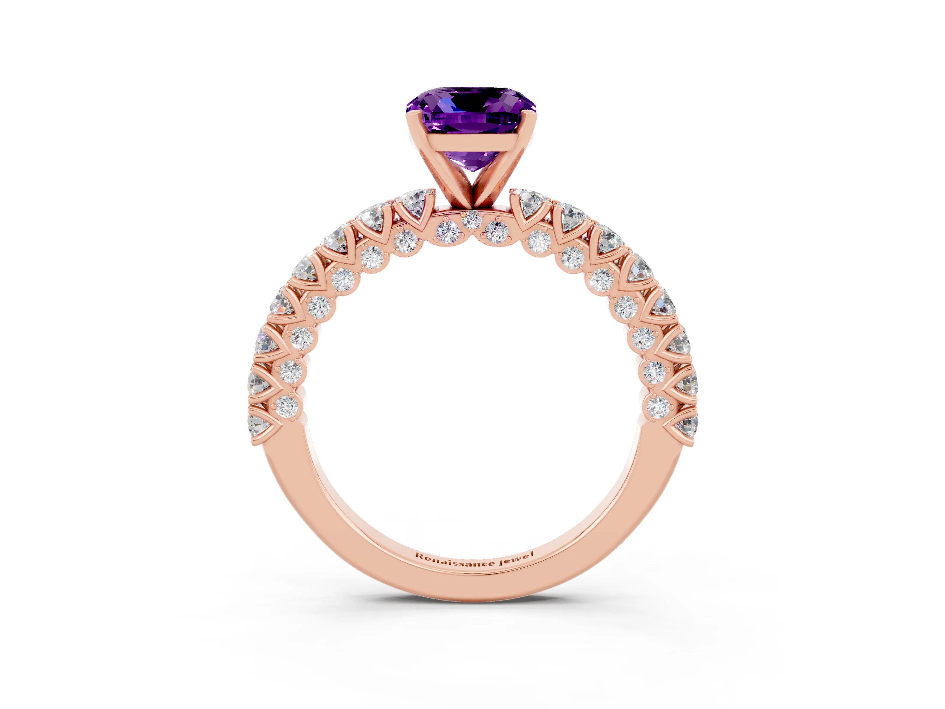 Rose gold Cushion Cut Diamond Pavé Band Solitaire Ring with Prong Setting_3