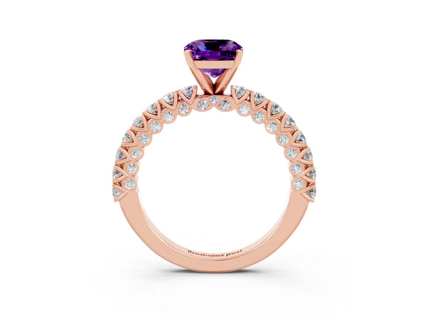 Rose gold Cushion Cut Amethyst Solitaire Ring with Round Accent Pavé Band and Prong Setting